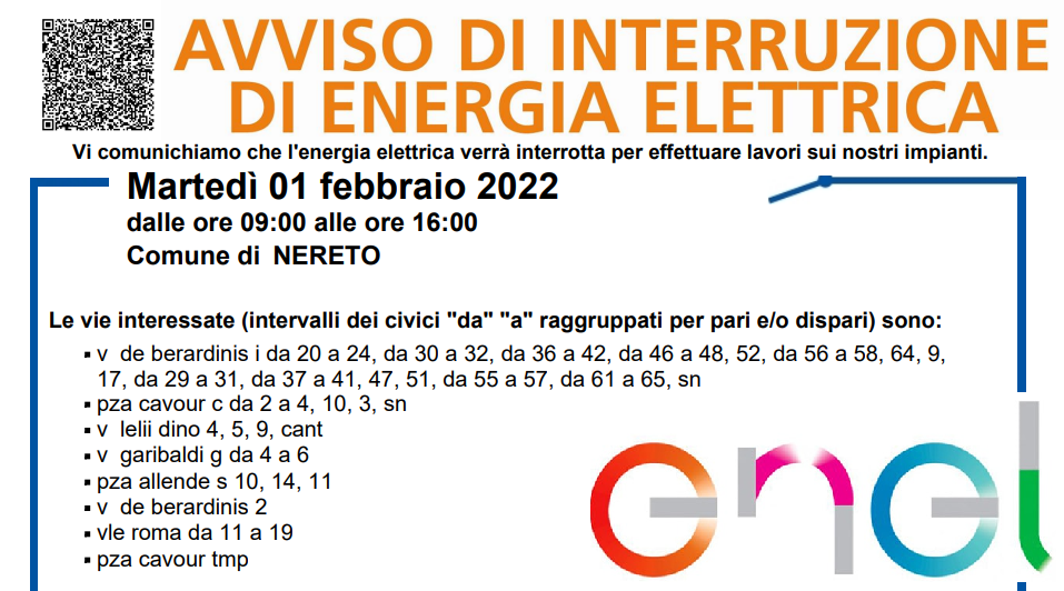 Interruzione erogazione Energia Elettrica martedì 1 Febbraio 2022